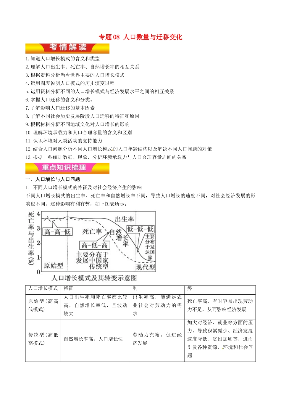 高考地理二轮复习 专题08 人口数量与迁移变化讲学案（含解析）-人教版高三全册地理学案_第1页