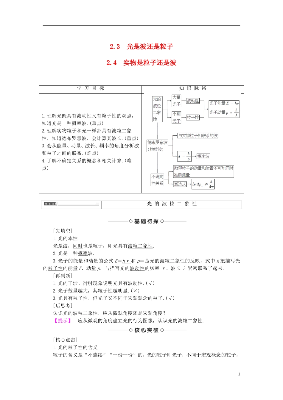 高中物理 第2章 波和粒子 2.3 光是波还是粒子2.4实物是粒子还是波教师用书 沪科版选修3-5-沪科版高二选修3-5物理学案_第1页