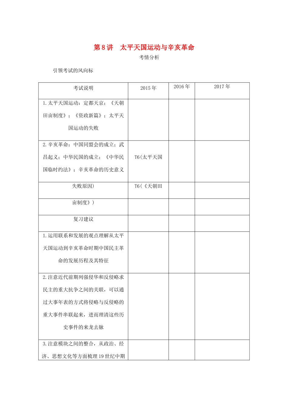 （江苏专版）高考历史总复习 第四单元 近代中国反侵略 第8讲 太平天国运动与辛亥革命学案-人教版高三全册历史学案_第1页