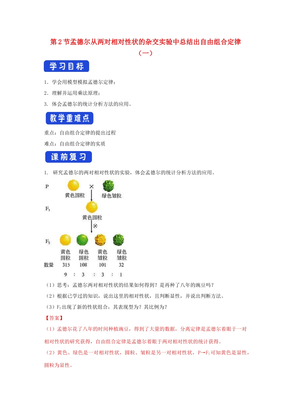 高中生物 第一章 孟德尔定律 第二节 孟德尔从两对相对性状的杂交实验中总结出自由组合定律学案（2）浙科版必修2-浙科版高一必修2生物学案_第1页