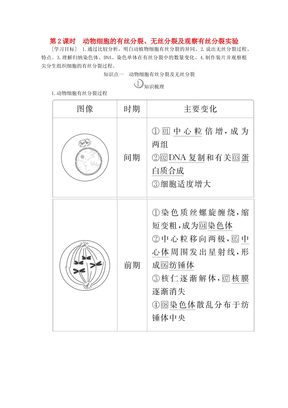 高中生物 第6章 第1节 第2课时 动物细胞的有丝分裂、无丝分裂及观察有丝分裂实验学案 新人教版必修1-新人教版高一必修1生物学案_第1页
