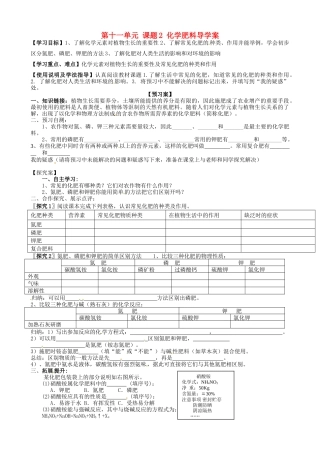 甘肃省玉门市花海中学九年级化学下册 第十一单元 课题2 化学肥料导学案（无答案） 新人教版