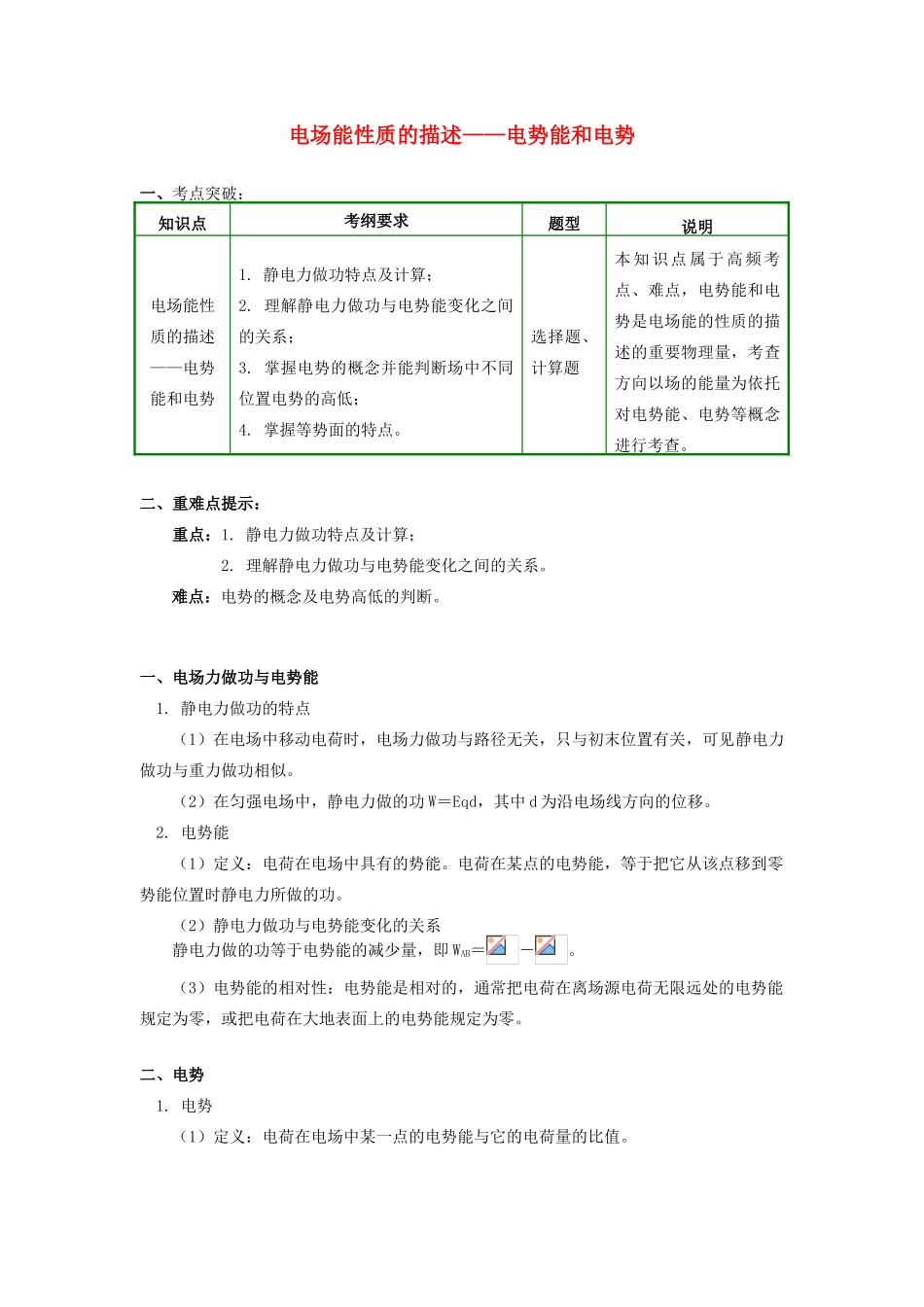 高中物理 第一章 静电场 1.6 电场能性质的描述——电势能和电势学案 新人教版选修3-1-新人教版高二选修3-1物理学案_第1页