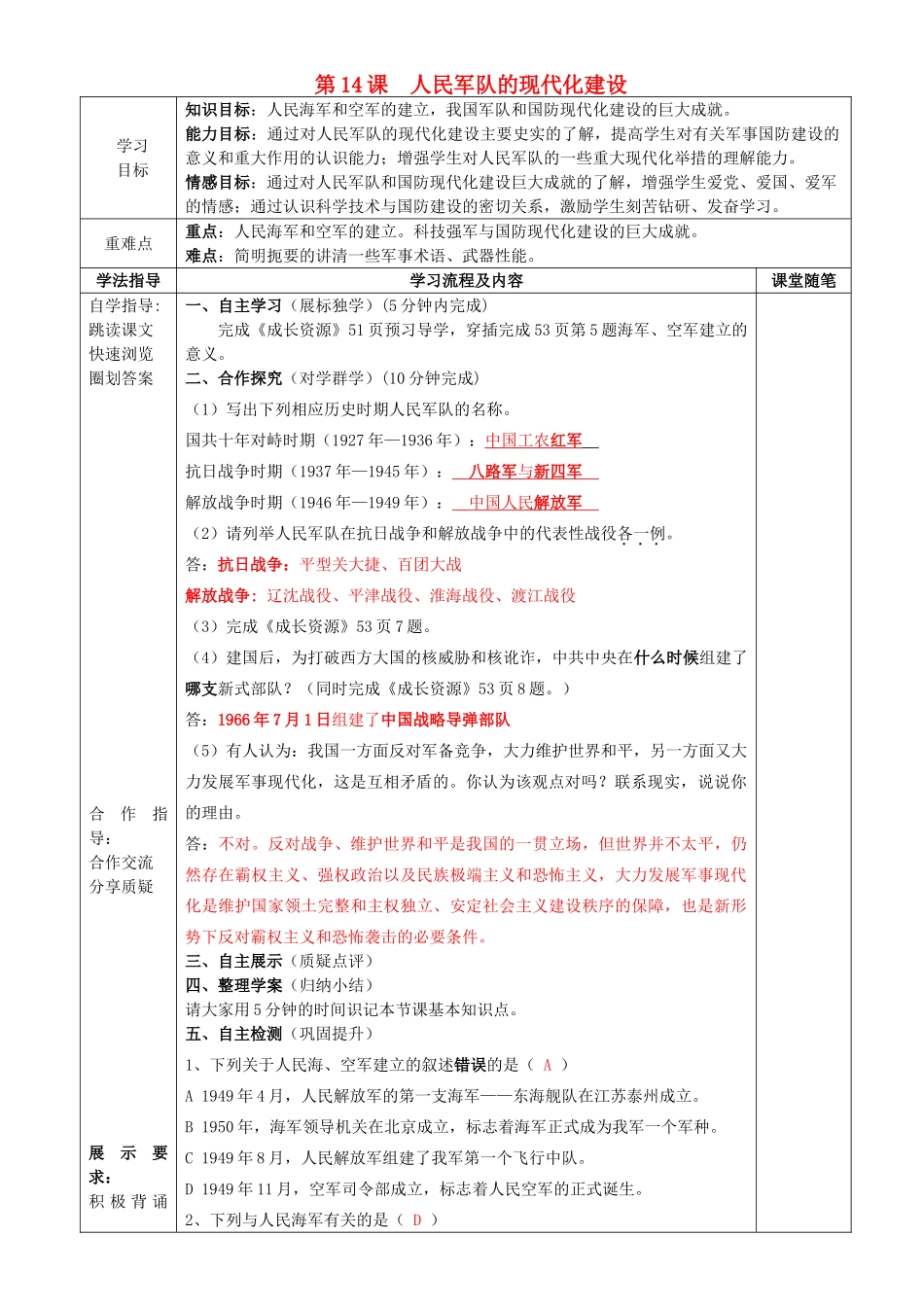八年级历史下册 第四单元 祖国统一大业与国防建设 第14课 人民军队的现代化建设导学案 华东师大版-华东师大版初中八年级下册历史学案_第1页