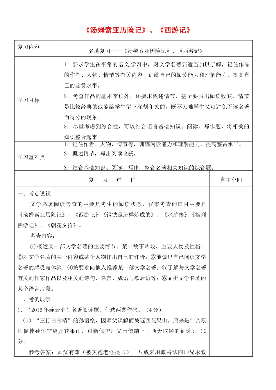 江苏省灌南县中考语文专项复习 名著阅读《汤姆索亚历险记》《西游记》学案-人教版初中九年级全册语文学案_第1页