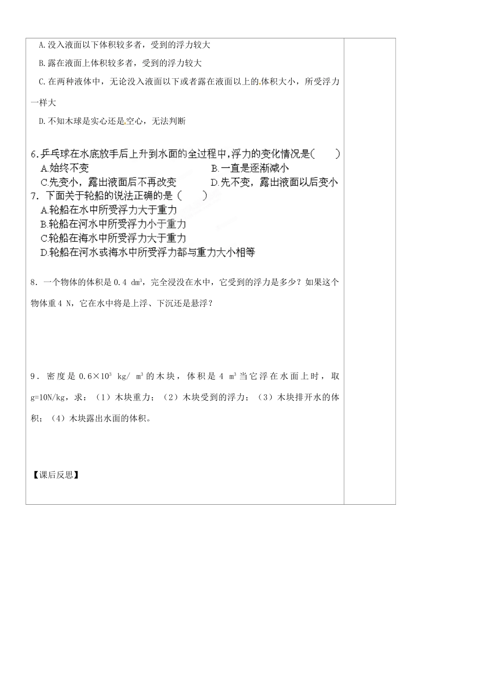 内蒙古鄂尔多斯康巴什新区第一中学八年级物理下册 10.2 阿基米德原理（第2课时）导学案（无答案） （新版）新人教版_第2页