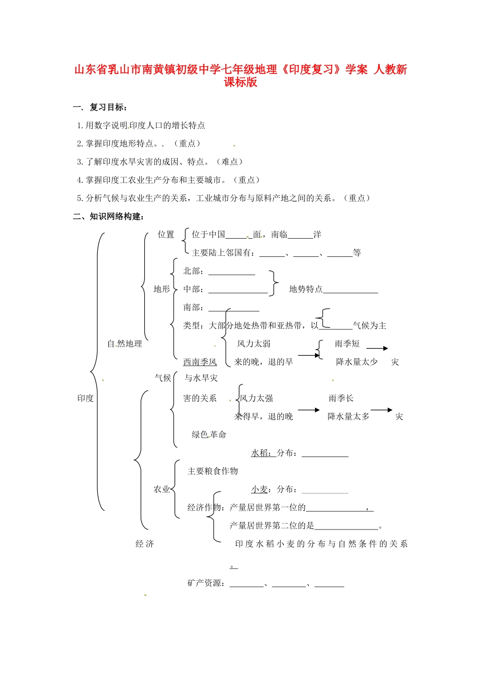 山东省乳山市南黄镇初级中学七年级地理《印度复习》学案 人教新课标版_第1页
