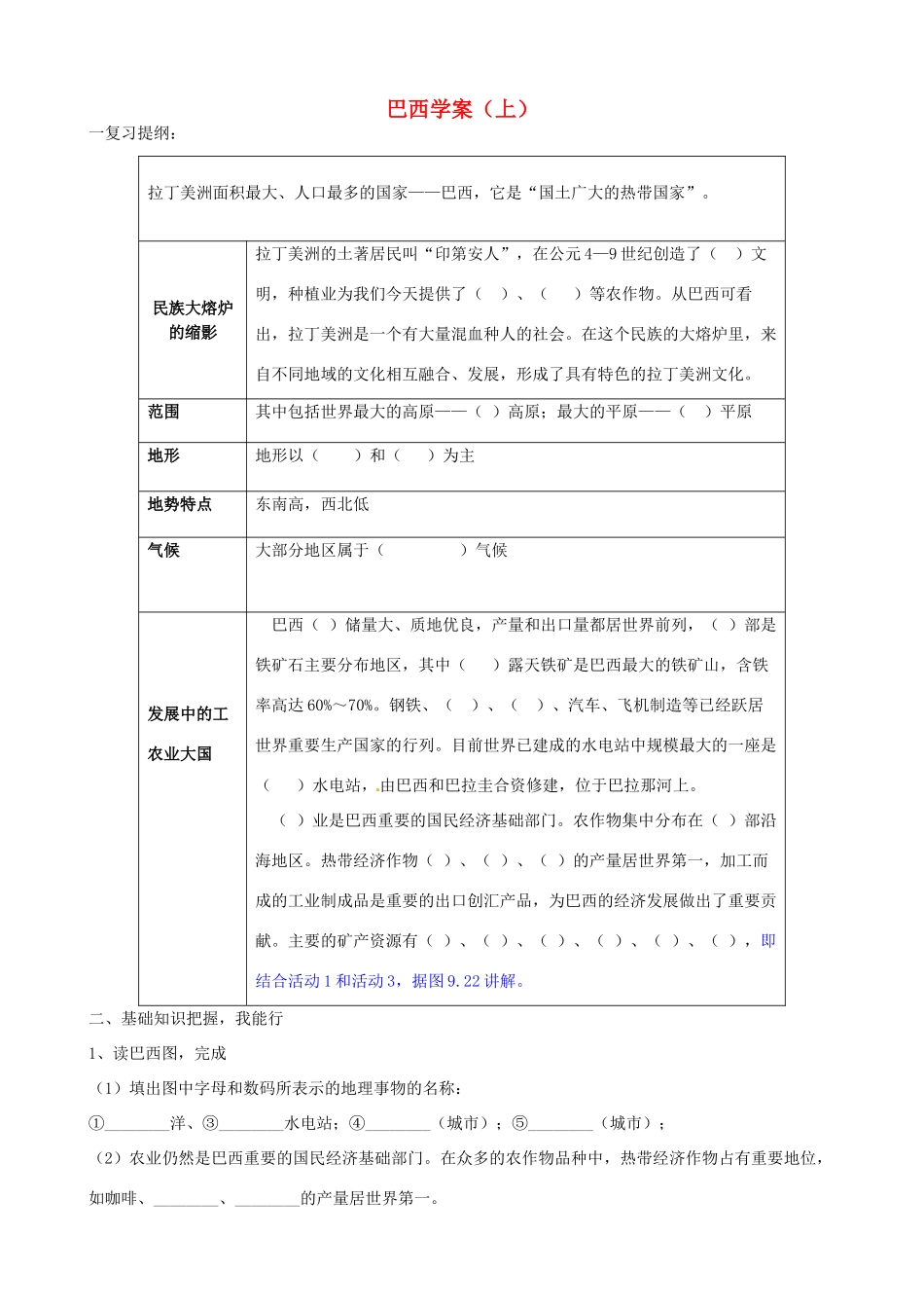 山东省乳山市南黄镇初级中学七年级地理《巴西》学案 人教新课标版_第1页
