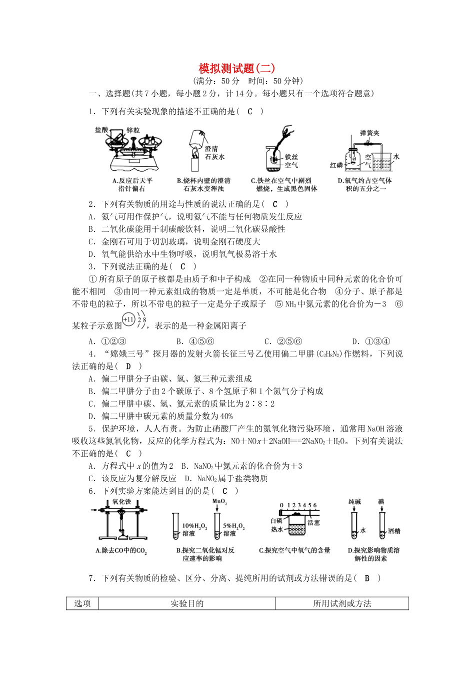 【聚焦中考】陕西省2015中考化学总复习 模拟测试题（二）_第1页