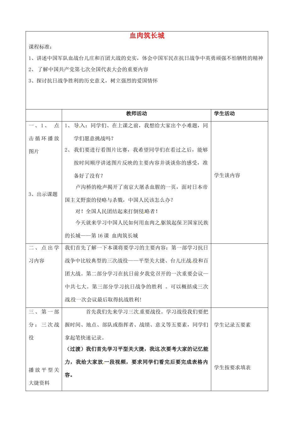 八年级历史上册 第18课《血肉筑长城》学案 鲁教版_第1页