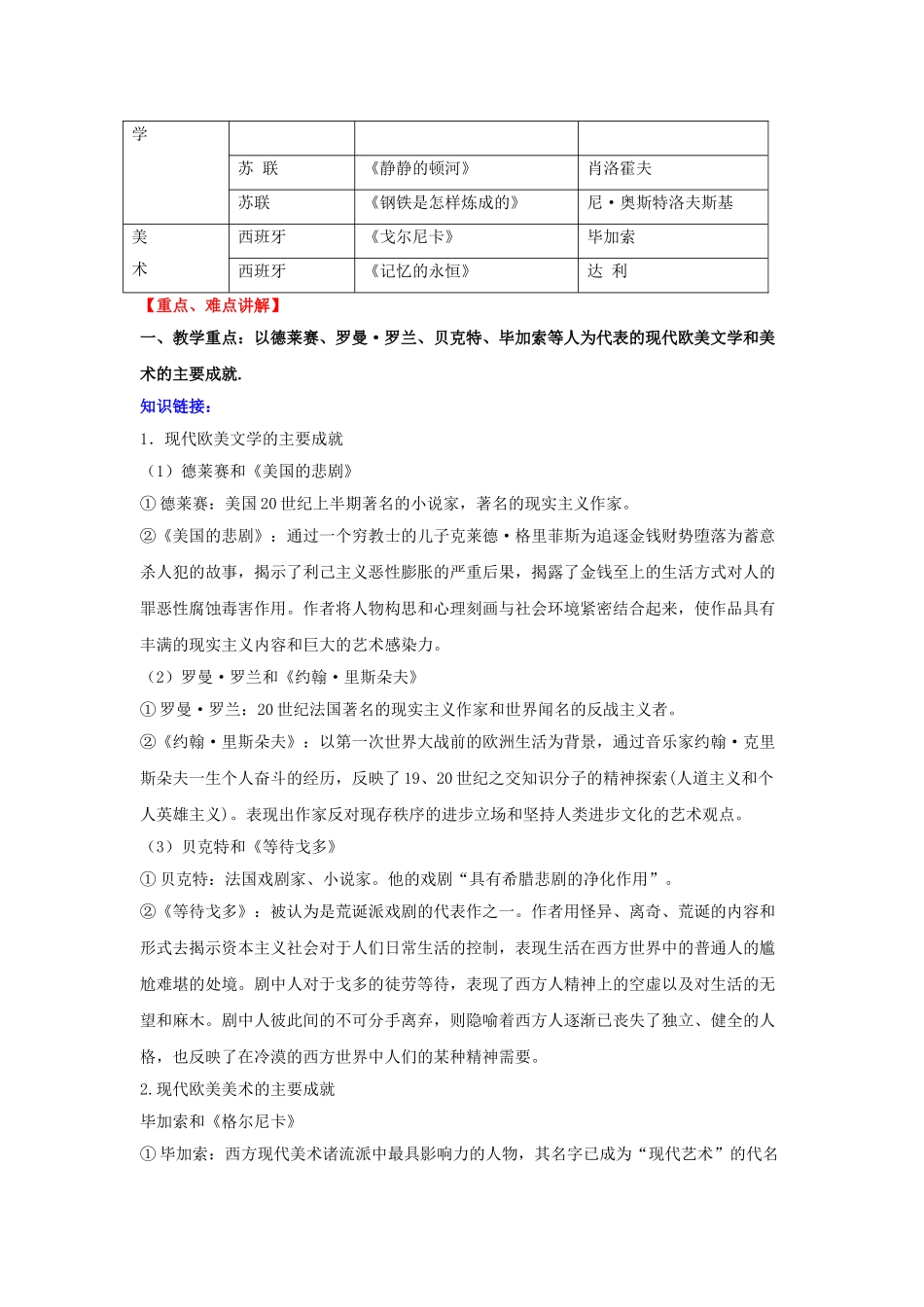 九年级历史下册 第十八课 现代文学和美术学案 新人教版-新人教版初中九年级下册历史学案_第2页