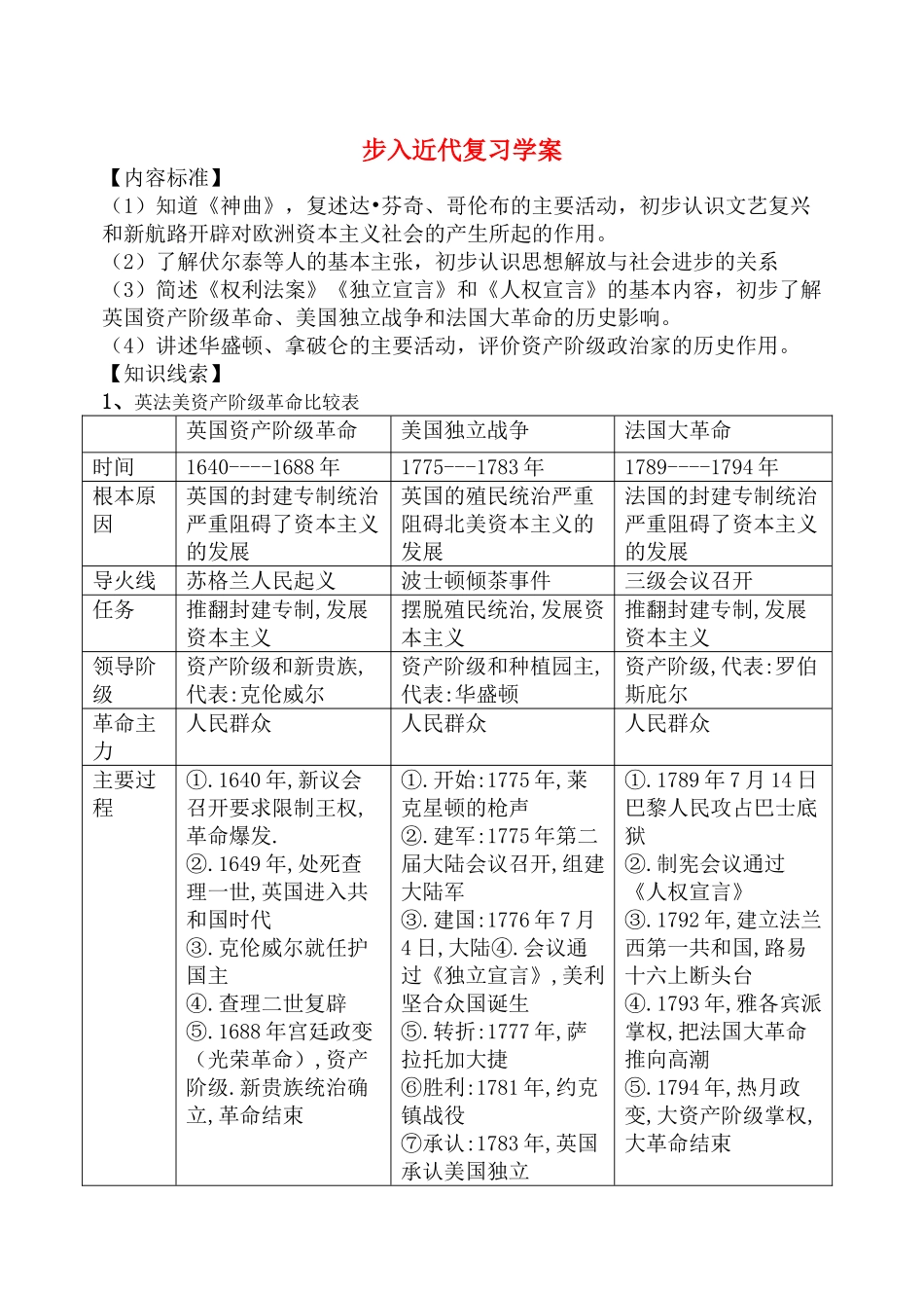 九年级历史上册步入近代复习学案_第1页