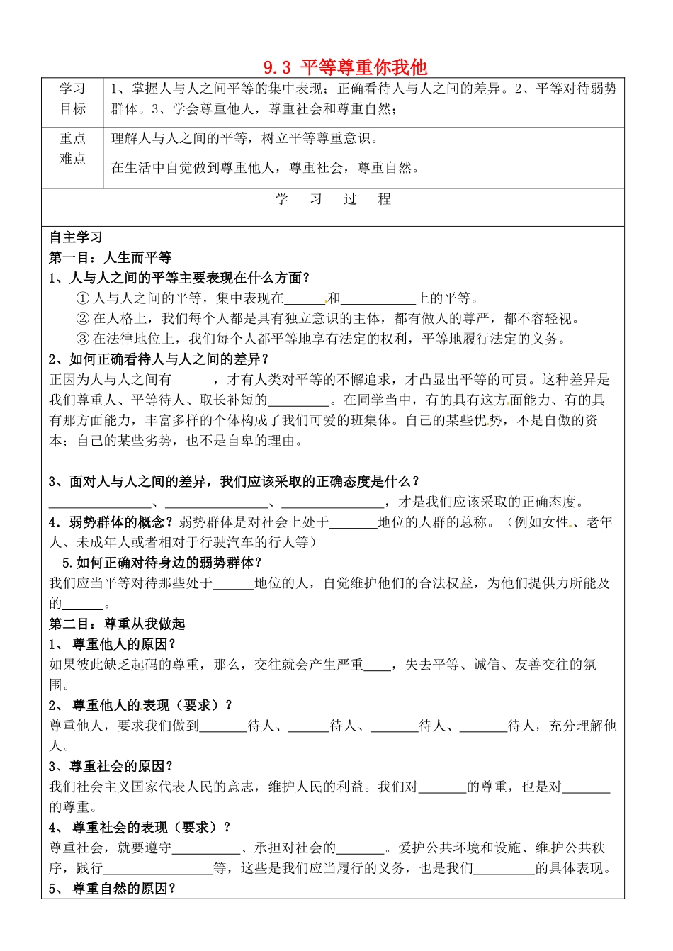 吉林省磐石市松山中学八年级政治上册 9.3 平等尊重你我他导学案（无答案） 新人教版_第1页