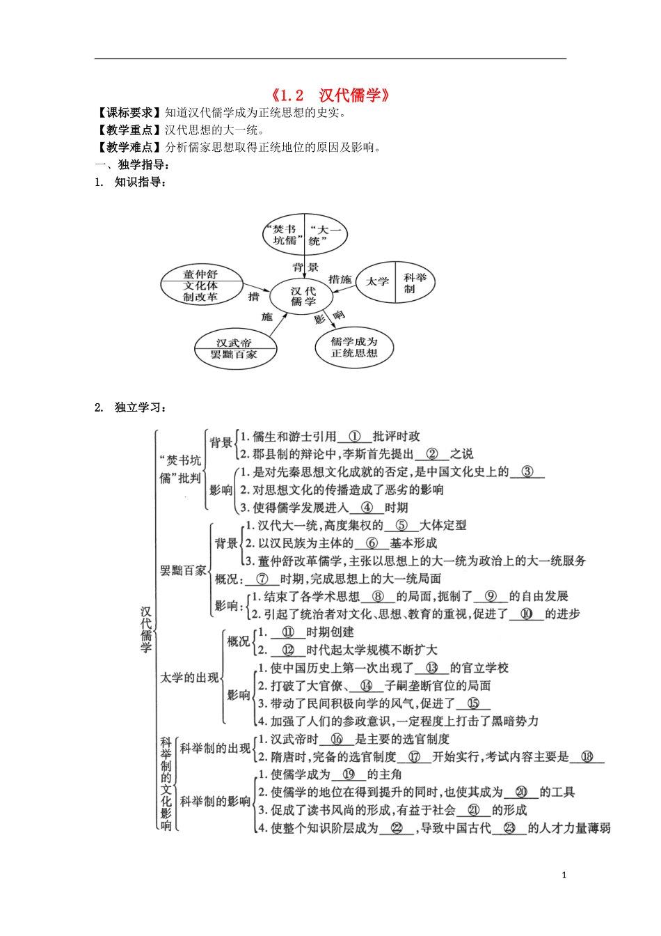 重庆市江津五中高中历史《1.2 汉代儒学》教案 人民版必修3_第1页