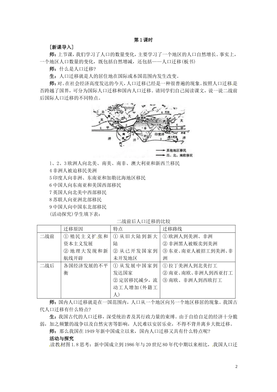 江苏省邗江区瓜洲中学高中地理《1.2 人口的空间变化（第一课时）》教案 新人教版必修2_第2页