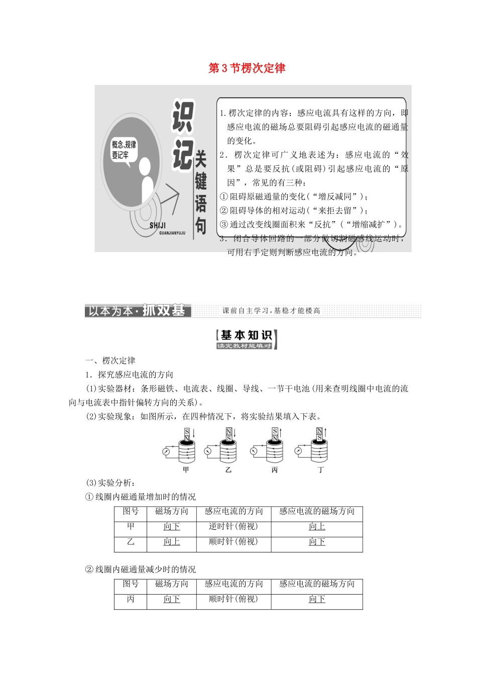 高中物理 第四章 电磁感应 第3节 楞次定律讲义（含解析）新人教版选修3-2-新人教版高二选修3-2物理教案_第1页
