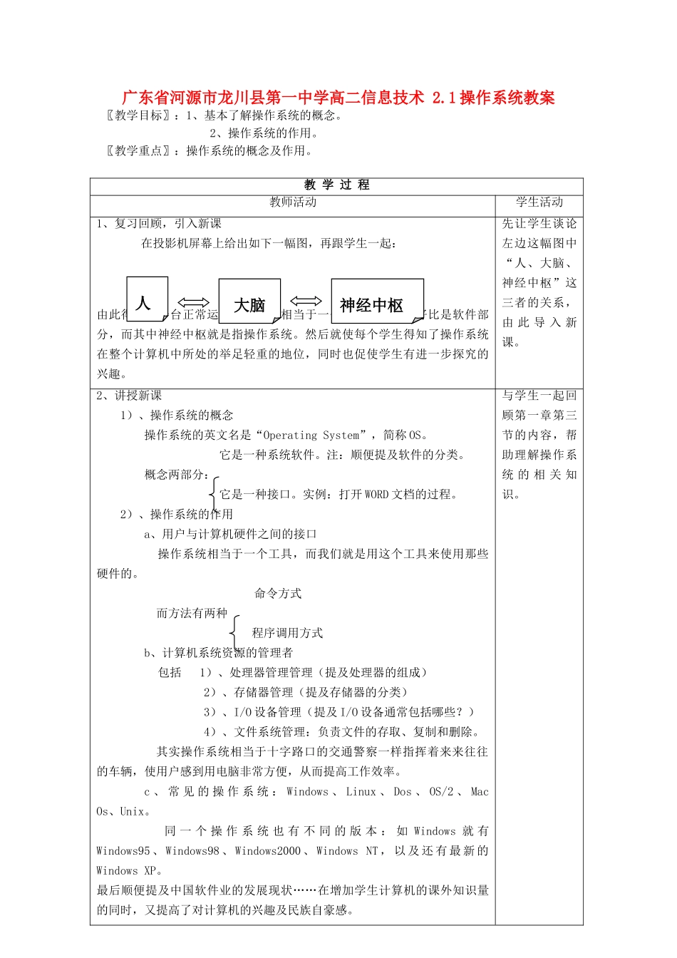 广东省河源市龙川县第一中学高二信息技术 2.1操作系统教案_第1页