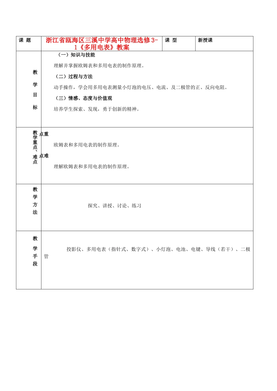 浙江省瓯海区高中物理《多用电表》教案 选修3-1_第1页