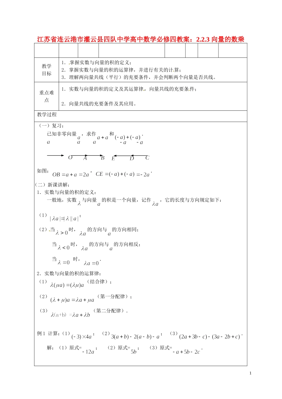 江苏省连云港市灌云县四队中学高中数学 2.2.3 向量的数乘教案 苏教版必修4_第1页