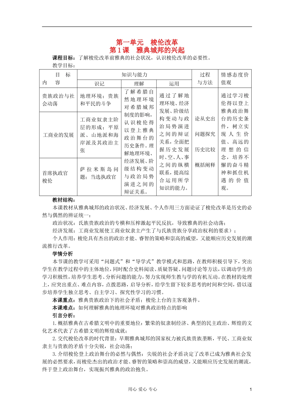 山东省临清一中高二历史 第一单元第1课 雅典城邦的兴起教案精品教案 选修1_第1页