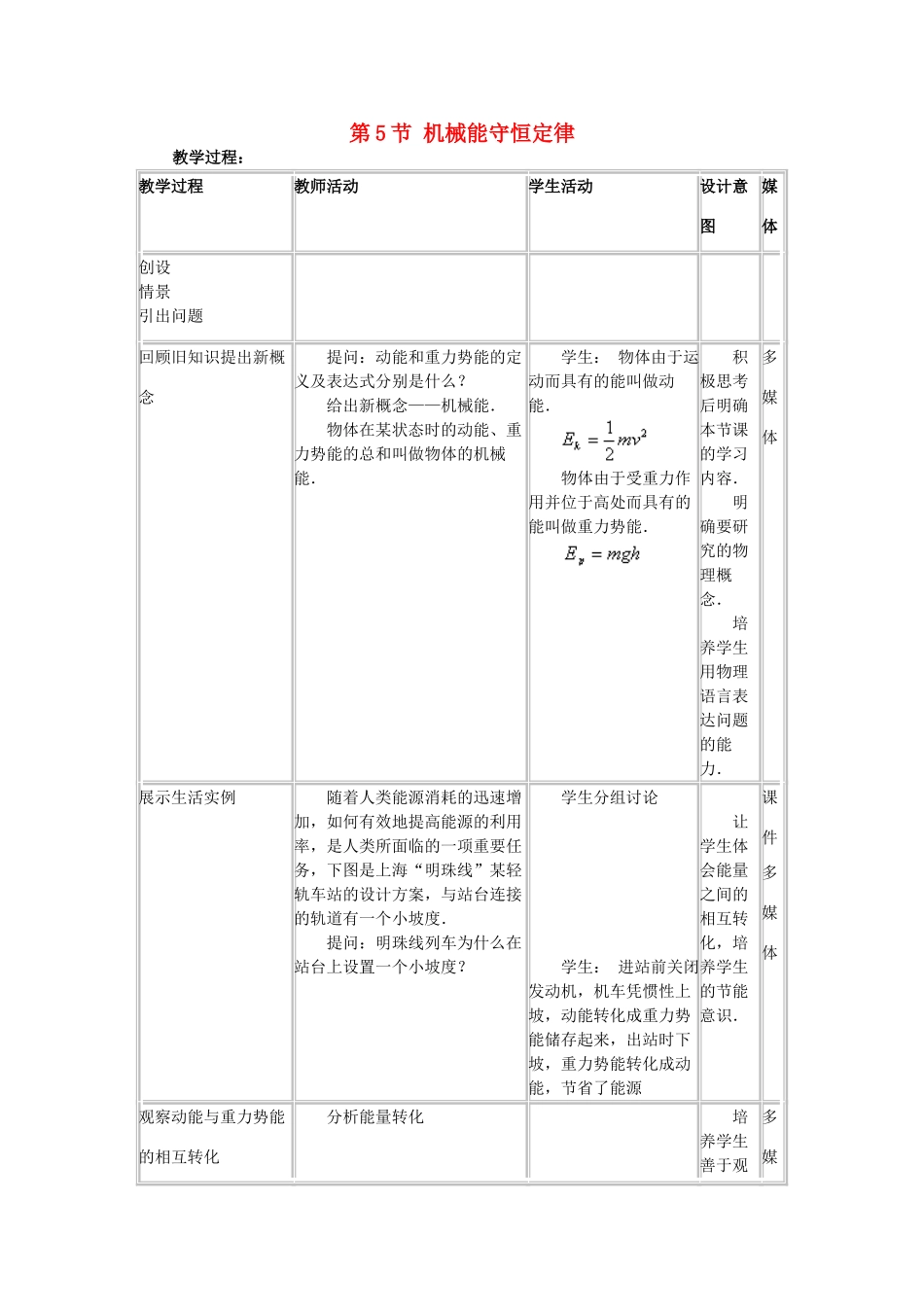 高中物理 第四章 机械能和能源 5 机械能守恒定律教案2 教科版必修2-教科版高一必修2物理教案_第1页