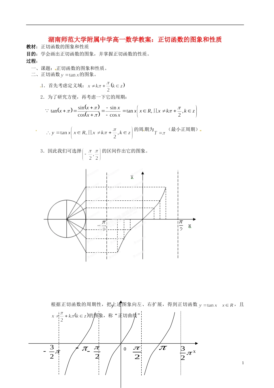 湖南师范大学附属中学高一数学 正切函数的图象和性质教案_第1页