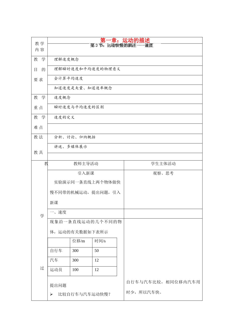 江苏省新沂市第三中学高中物理 第一章《运动快慢的描述—速度》教案 新人教版必修1_第1页