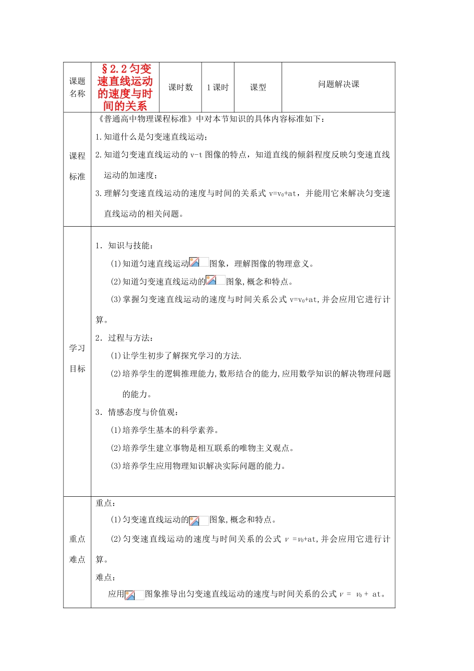 重庆市开县中学高中物理《2.2 匀变速直线运动的速度与时间的关系》教案 新人教版必修1_第1页