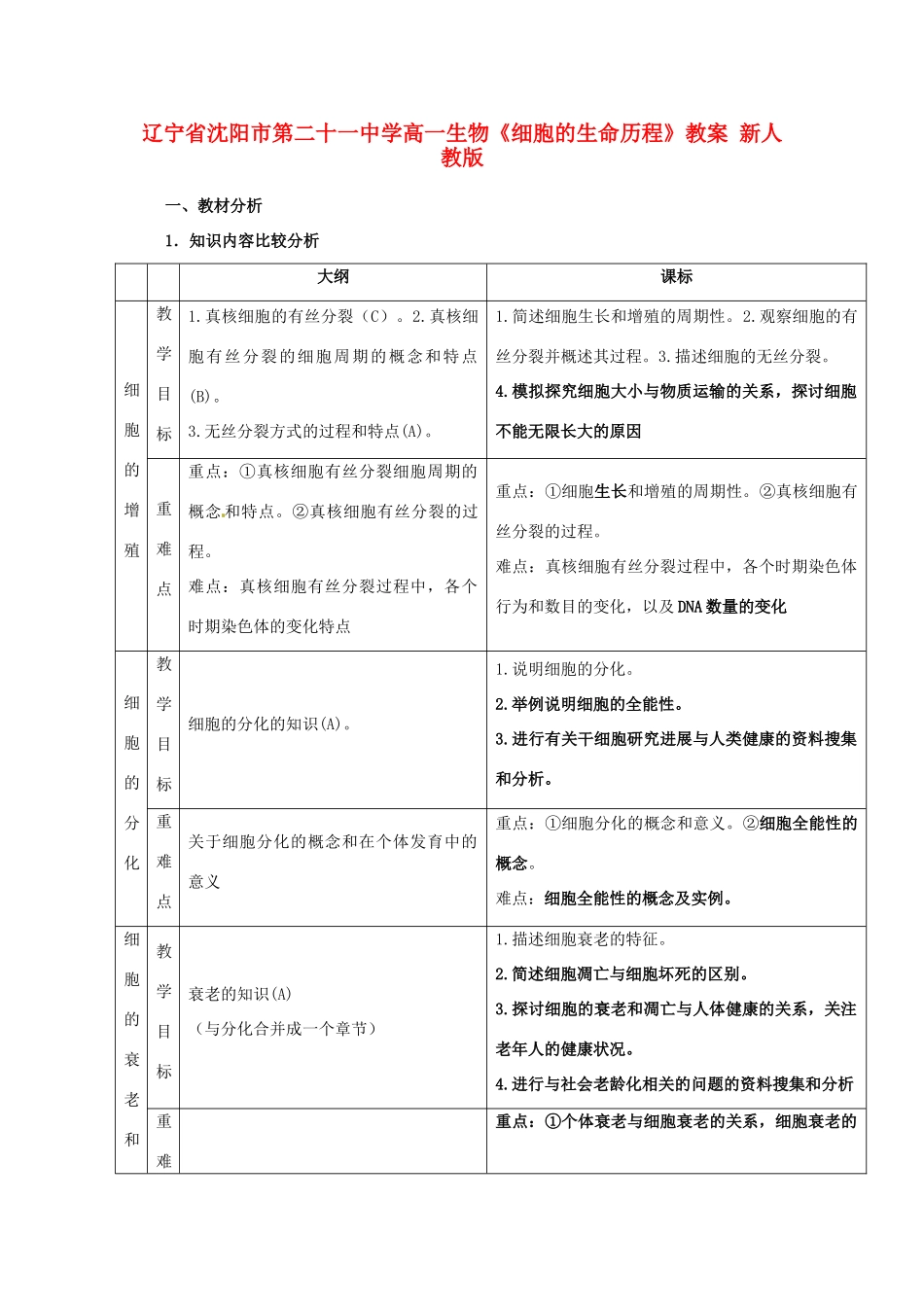 辽宁省沈阳市第二十一中学高一生物《细胞的生命历程》教案 新人教版_第1页