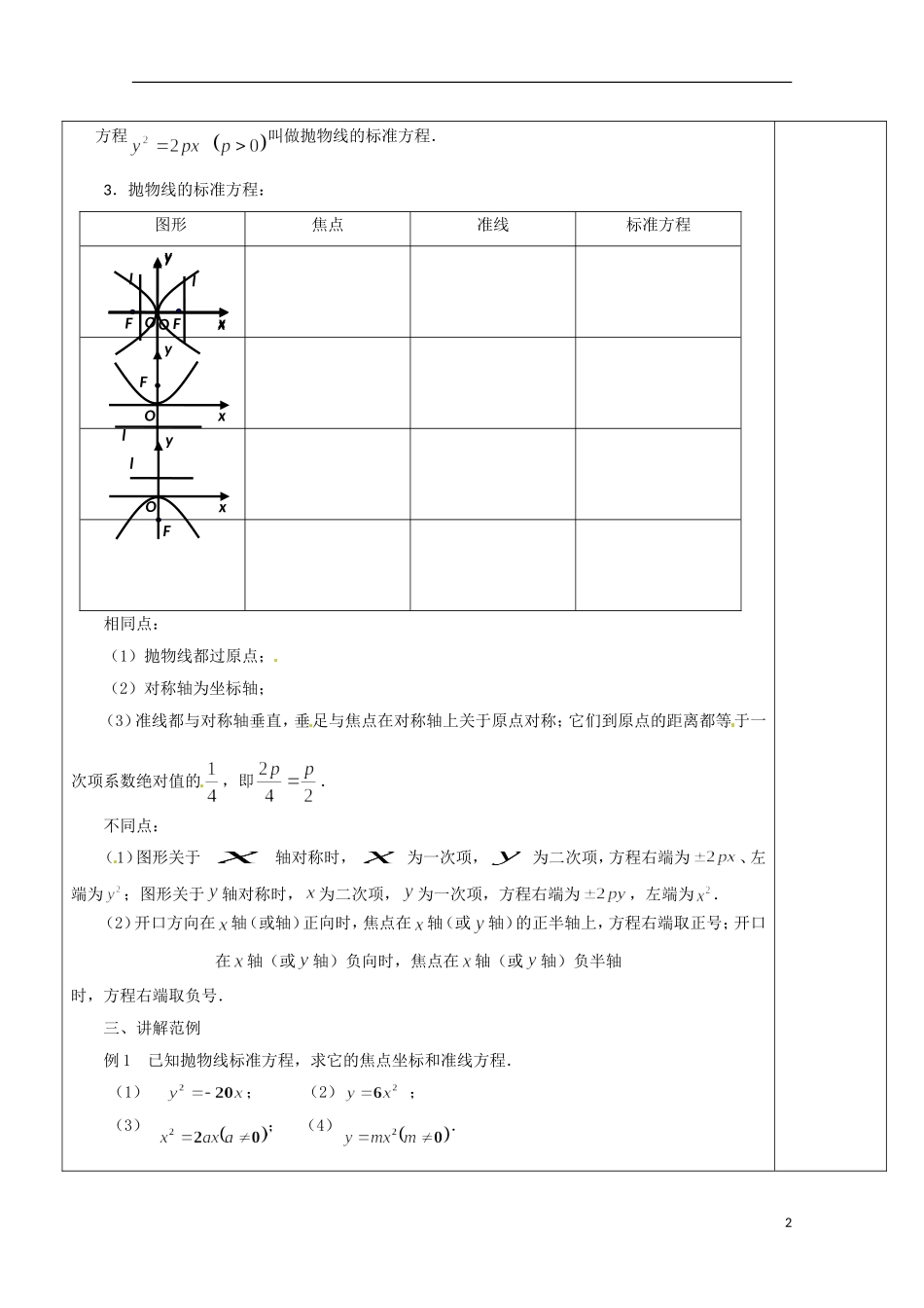 重庆市万州分水中学高中数学《2.4.1 抛物线的标准方程》教案 苏教版选修2-1_第2页