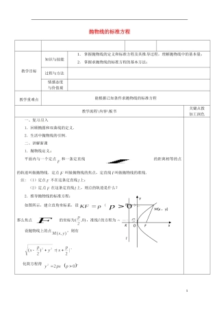 重庆市万州分水中学高中数学《2.4.1 抛物线的标准方程》教案 苏教版选修2-1