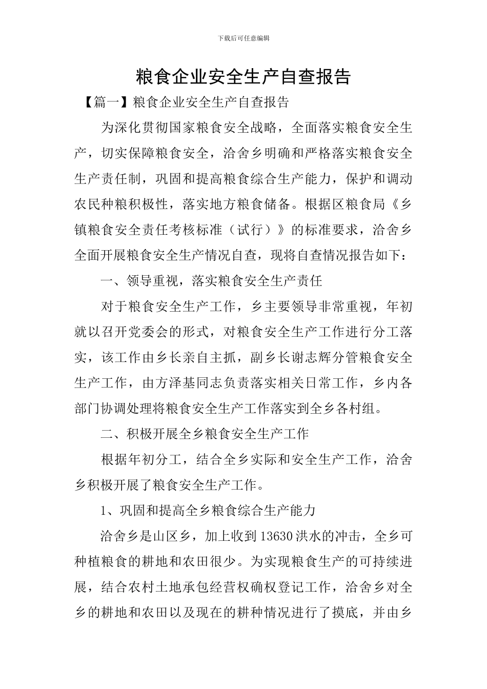 粮食企业安全生产自查报告_第1页