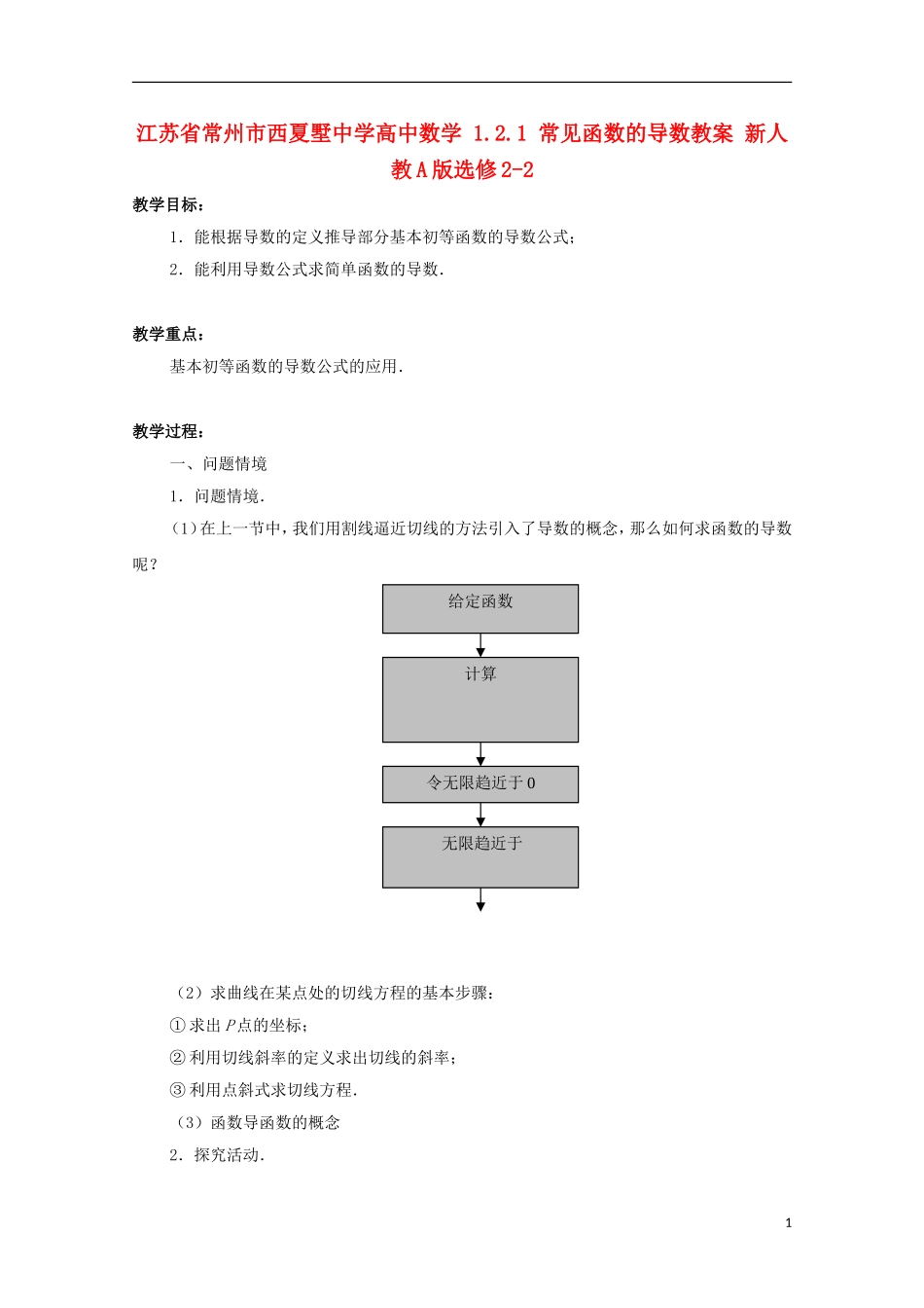 江苏省常州市西夏墅中学高中数学 1.2.1 常见函数的导数教案 新人教A版选修2-2_第1页
