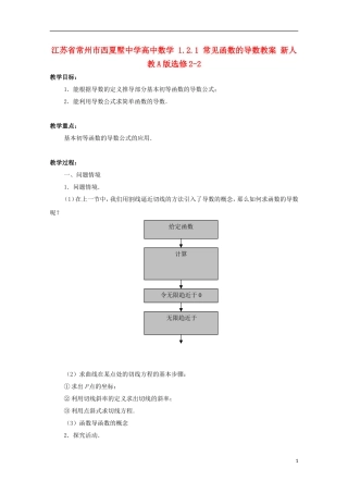 江苏省常州市西夏墅中学高中数学 1.2.1 常见函数的导数教案 新人教A版选修2-2