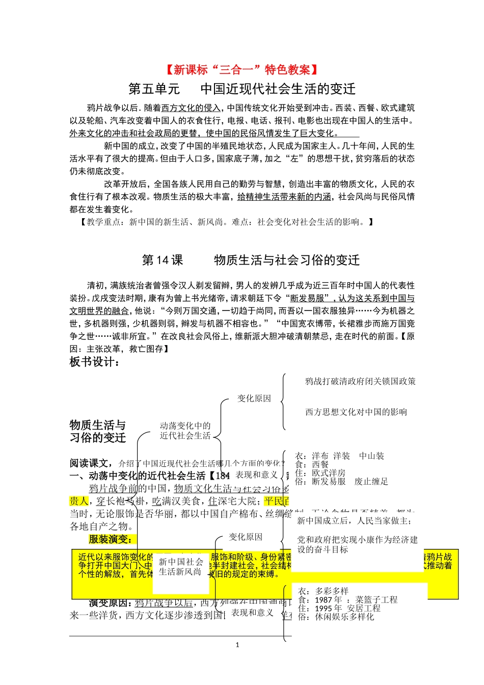 历史新课标“三合一”特色教案：第14课《物质生活与社会习俗的变迁》_第1页