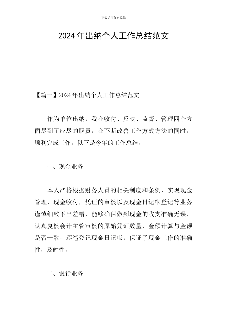 2024年出纳个人工作总结范文_第1页