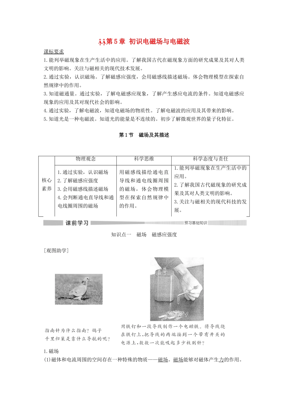 高中物理 第5章 初识电磁场与电磁波 第1节 磁场及其描述教案 鲁科版必修第三册-鲁科版高二第三册物理教案_第1页
