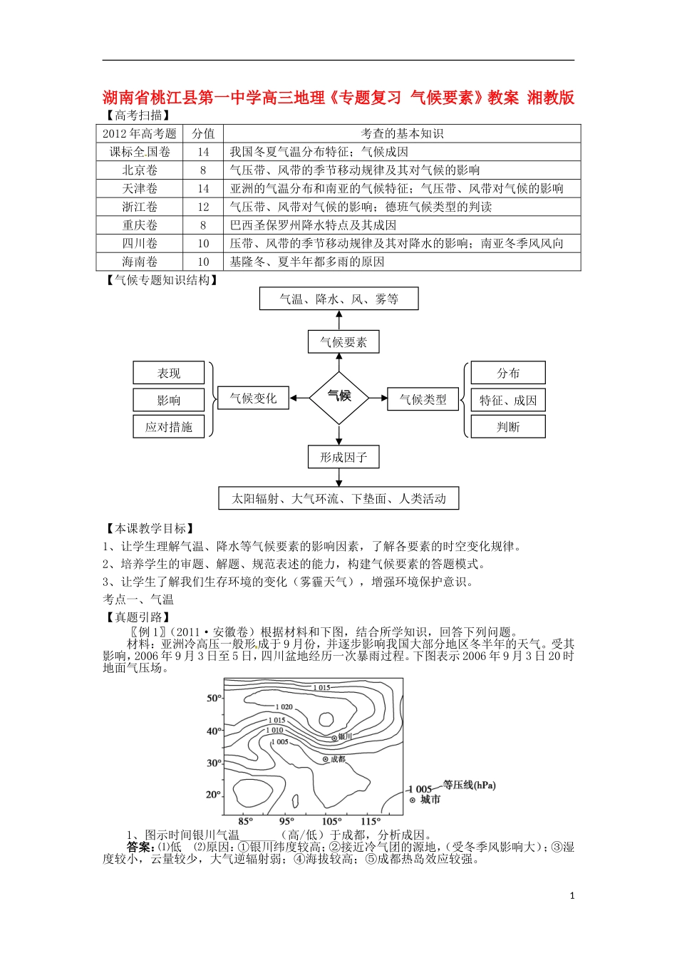 湖南省桃江县第一中学高三地理《专题复习 气候要素》教案 湘教版_第1页