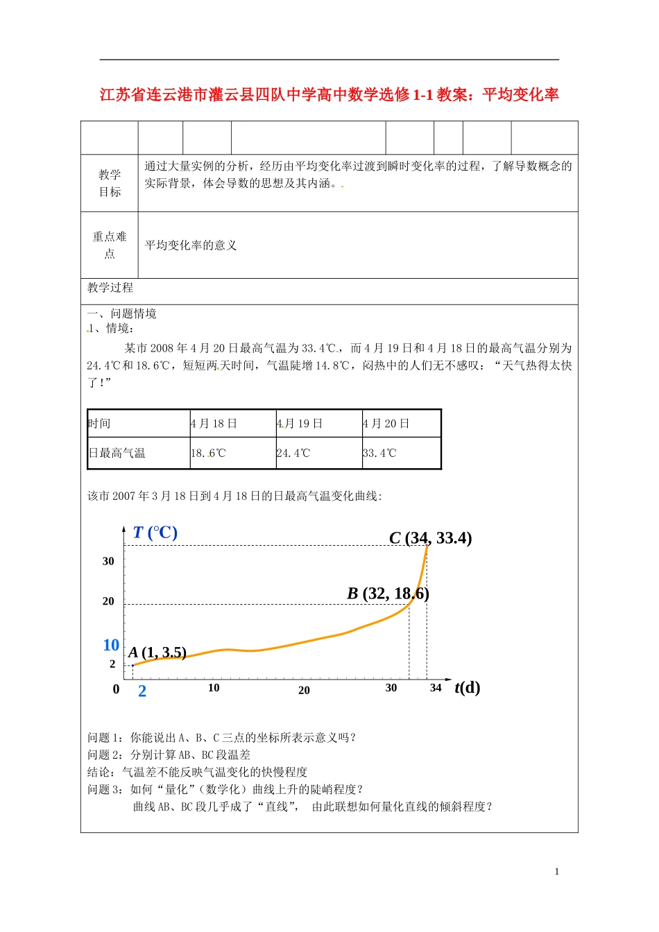 江苏省连云港市灌云县四队中学高中数学 平均变化率教案 苏教版选修1-1_第1页