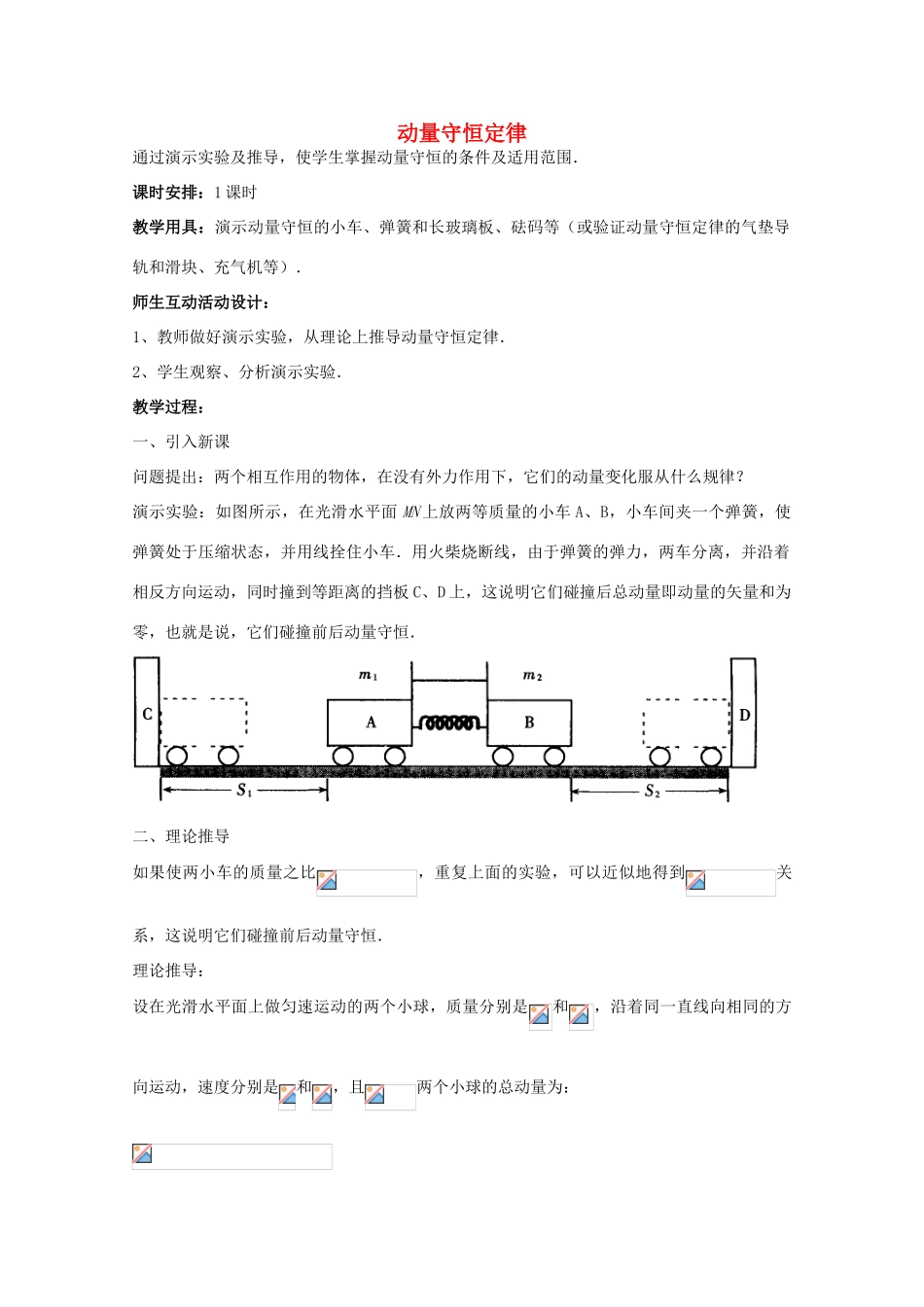 江苏省苏州市蓝缨学校高一物理《动量守恒》教案_第1页