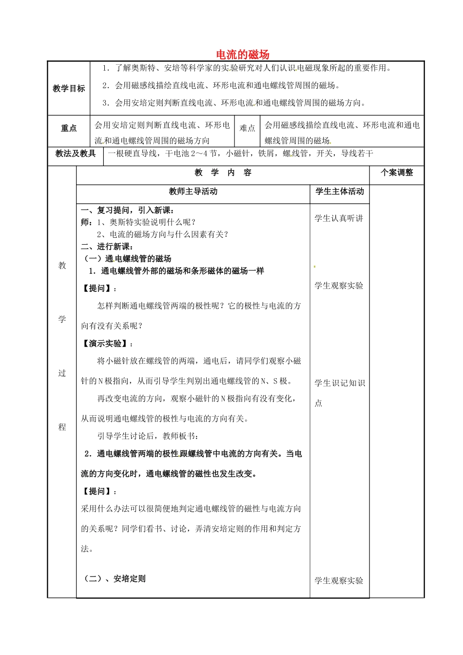 高中物理 第2章 磁场 2.2 电流的磁场（2）教案 新人教版选修1-1-新人教版高二选修1-1物理教案_第1页