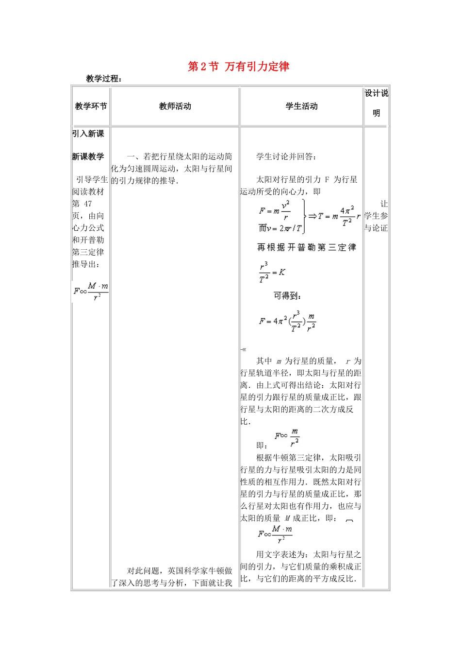 高中物理 第三章 万有引力定律 2 万有引力定律教案2 教科版必修2-教科版高一必修2物理教案_第1页