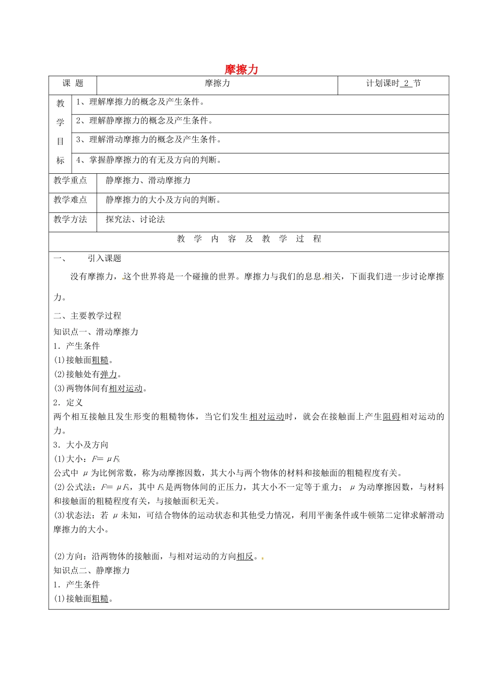 云南省峨山彝族自治县高三物理一轮复习 摩擦力教案-人教版高三全册物理教案_第1页