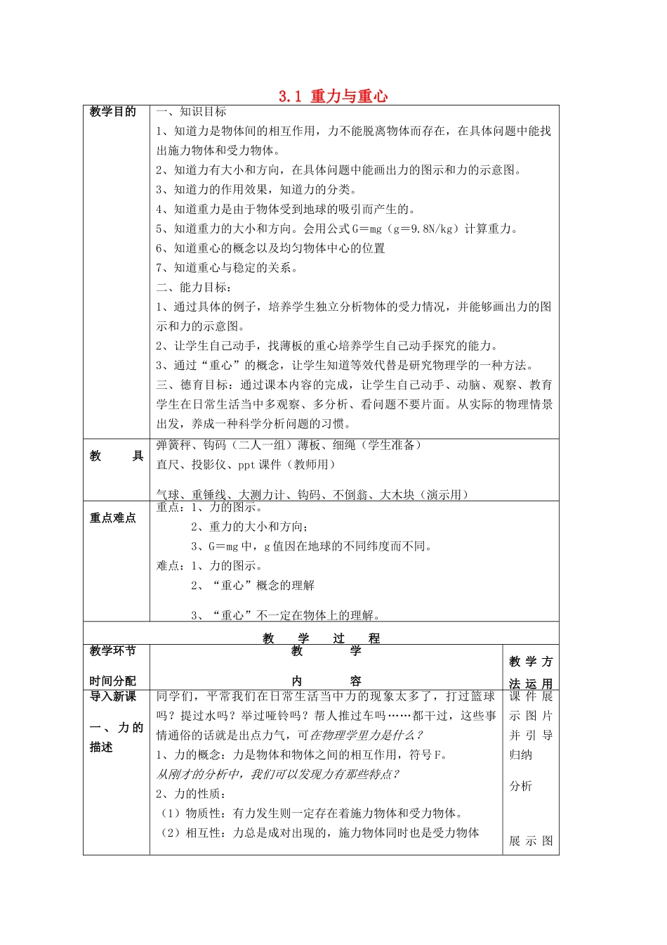 高中物理 第3章 相互作用 3.1 重力与重心教案2 鲁科版必修1-鲁科版高一必修1物理教案_第1页