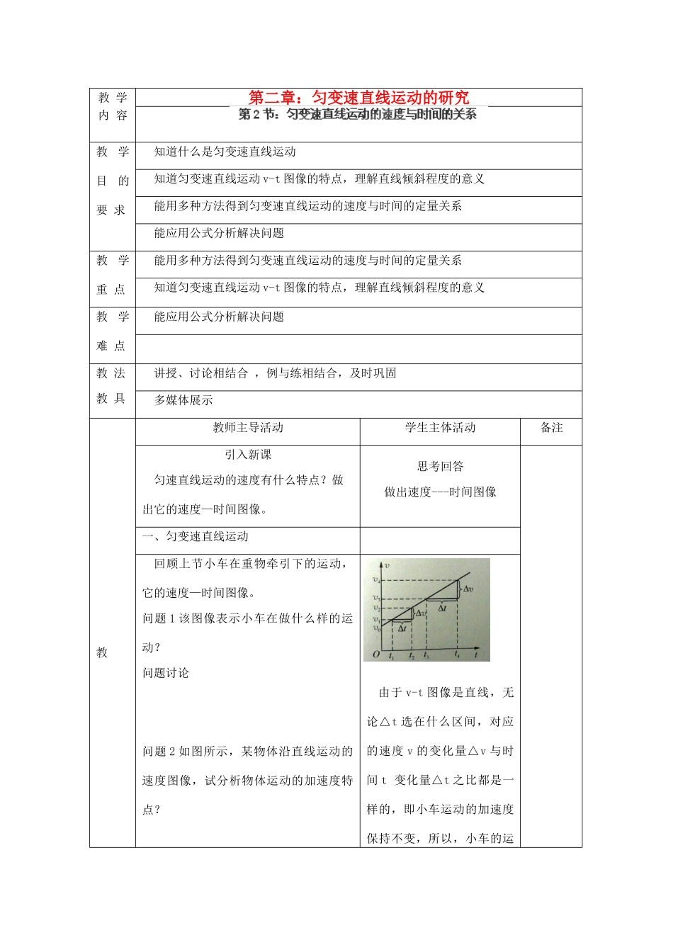 江苏省新沂市第三中学高中物理 第二章《匀变速直线运动的速度与时间的关系》教案 新人教版必修1_第1页
