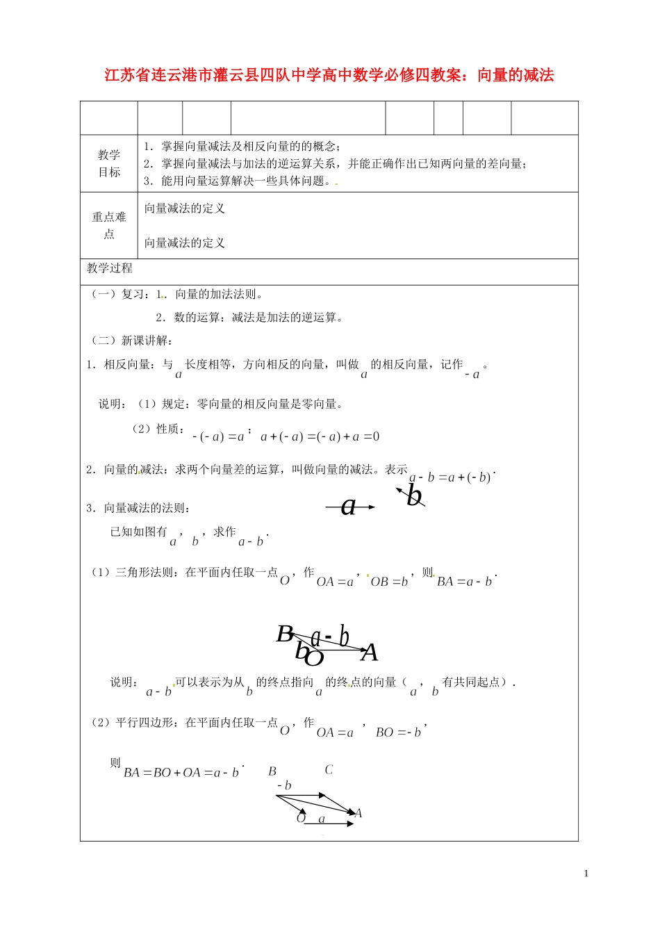 江苏省连云港市灌云县四队中学高中数学 向量的减法教案 苏教版必修4_第1页