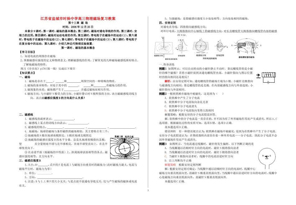江苏省盐城市时杨中学高三物理磁场复习教案 新课标 人教版_第1页