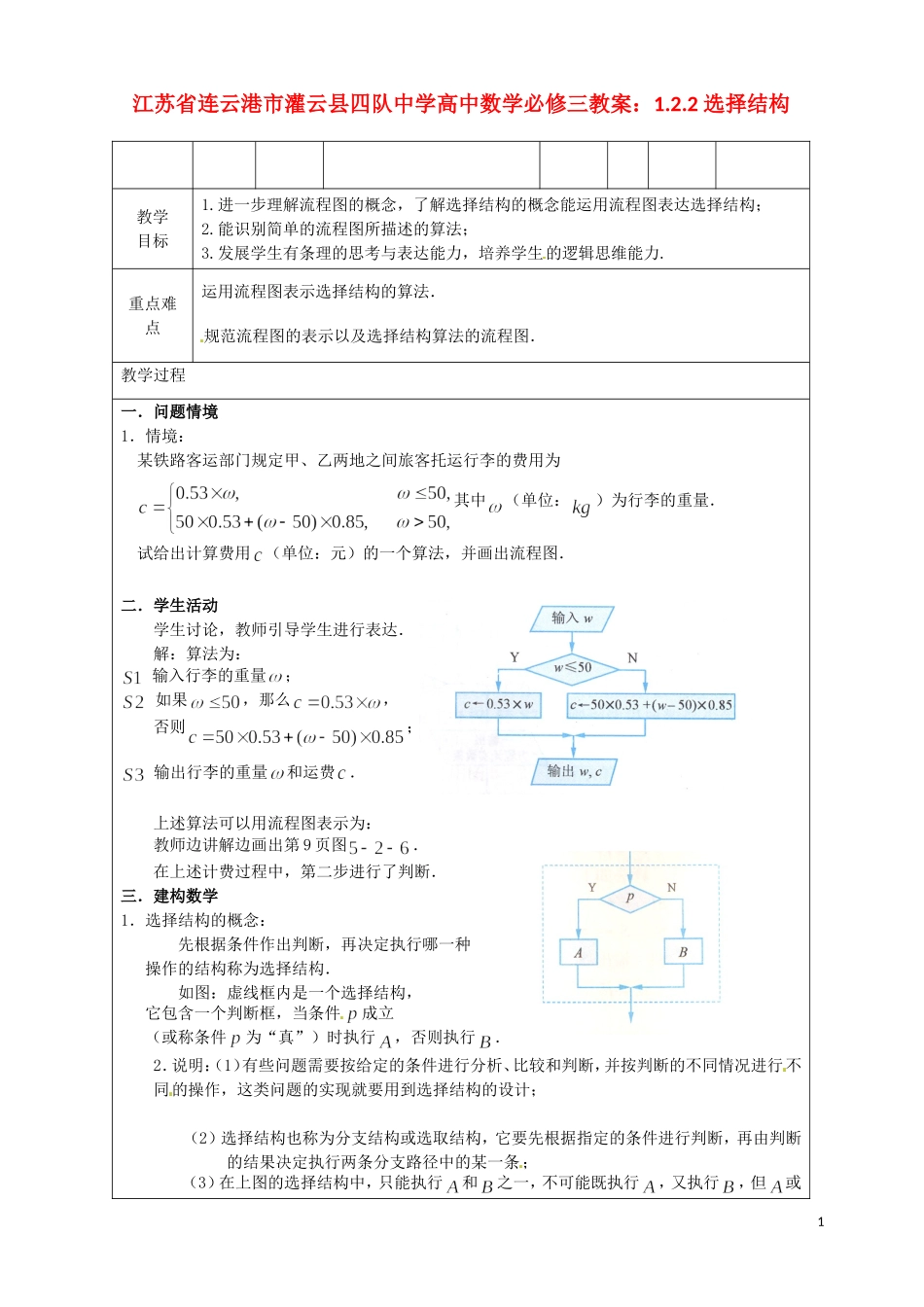 江苏省连云港市灌云县四队中学高中数学 1.2.2 选择结构教案 苏教版必修3_第1页