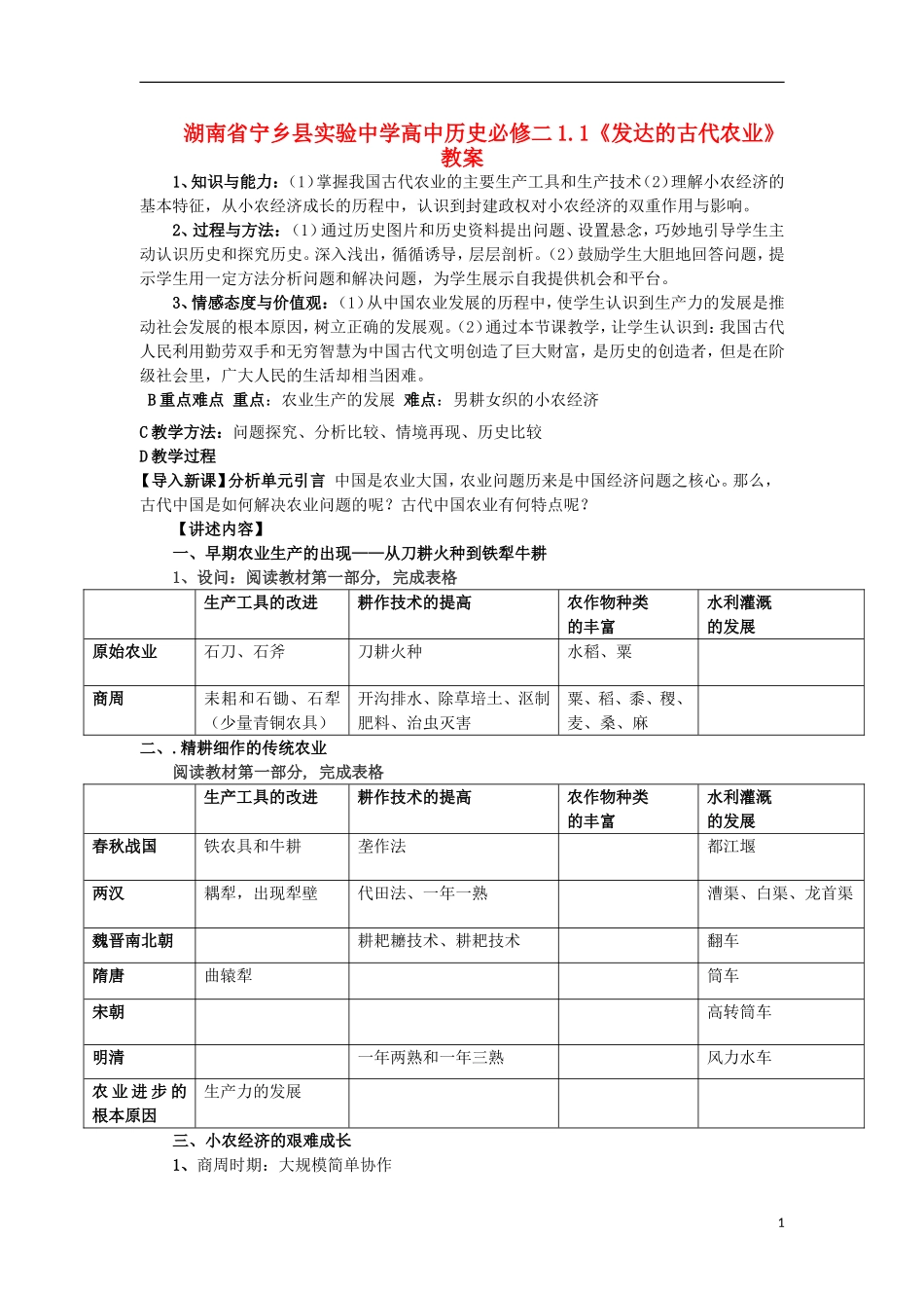 湖南省宁乡县实验中学高中历史 1.1《发达的古代农业》教案 新人教版必修2_第1页