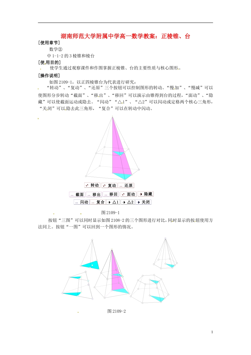 湖南师范大学附属中学高一数学 正棱锥、台教案_第1页